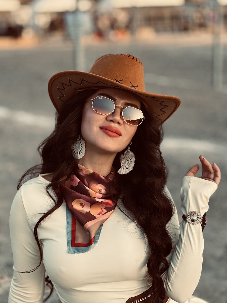 Fashionable woman in cowboy hat and sunglasses enjoying a sunny day outdoors.